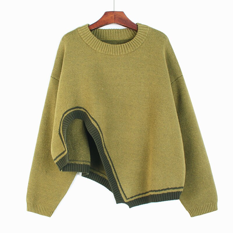 Irregular Hem Big Size Knitting Sweater Round Neck Long Sleeve Women Pullovers New Fashion Trend Autumn Winter