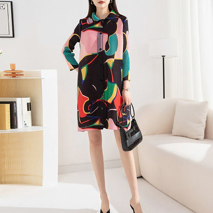 Miyake Pleated Printed Midi Dress for Women 2023 Spring Autumn New Polo Collar Single-Breasted Loose Plus Size Mid-Length Dress