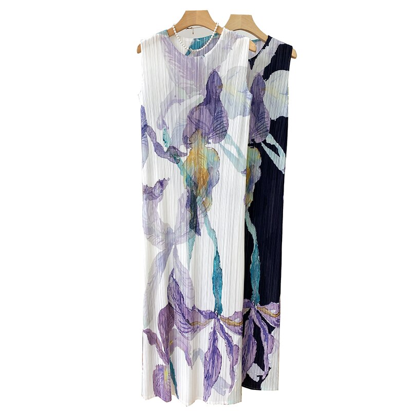 Summer New Miyake Pleated Women's Dress Sexy Print Long Dress Large Size Loose Sleeveless Undershirt Party Dress