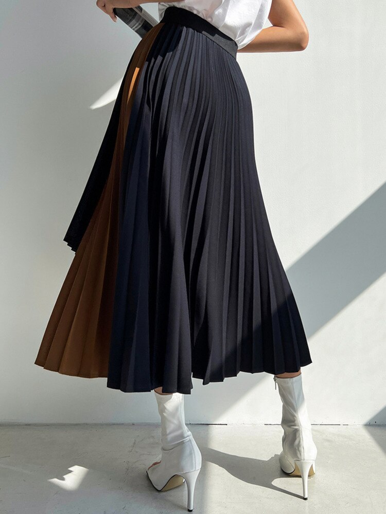 Women Skirt High Elastic Waist Contrast Colors Fashion Fold Skirts Female Clothing Irregular