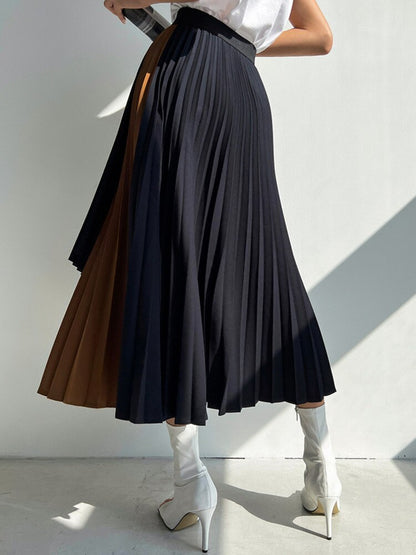Women Skirt High Elastic Waist Contrast Colors Fashion Fold Skirts Female Clothing Irregular