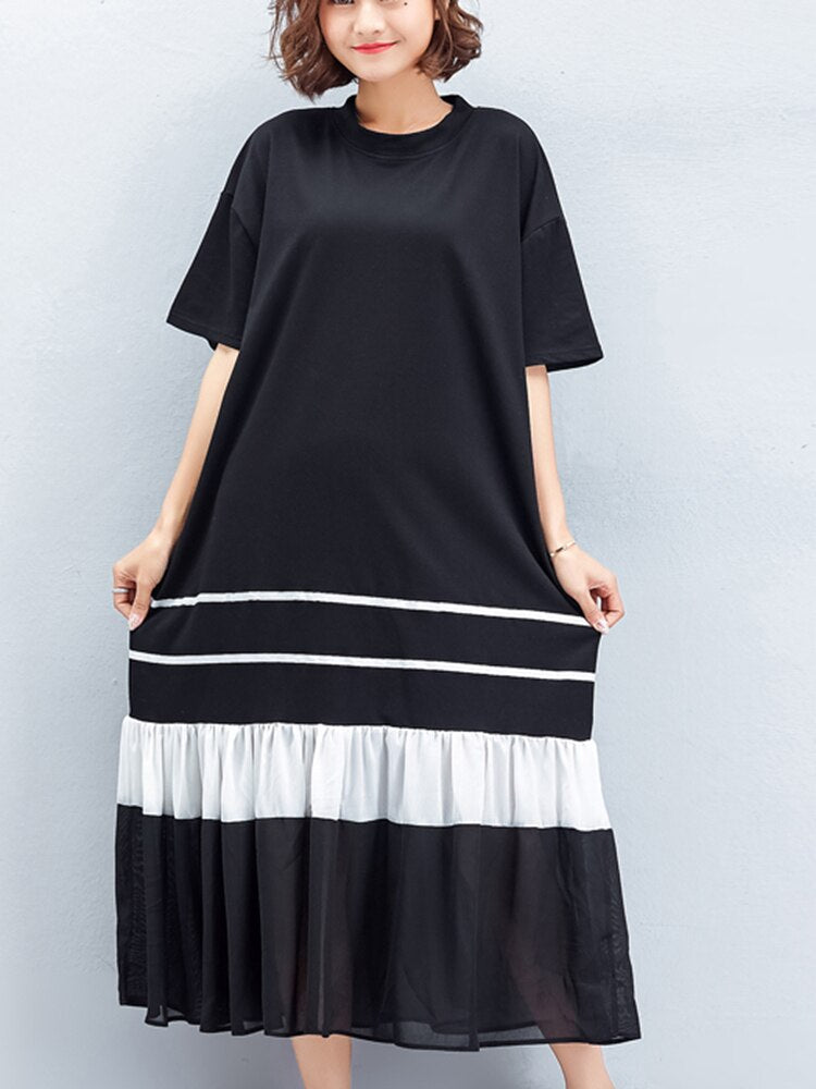 [EWQ] Women Black White T-shirt Dress Big Size Loose Short Sleeve Hem Gauze Patchwork O-neck Dresses  Summer New Tide Robe