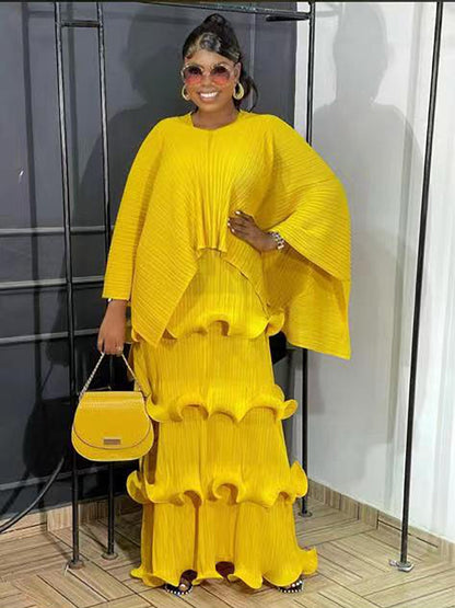 Miyake Pleats Solid Color Suit Spring 2023 New Women's Long Vest Cake Skirt+irregular Shawl Top Temperament Two-piece Set