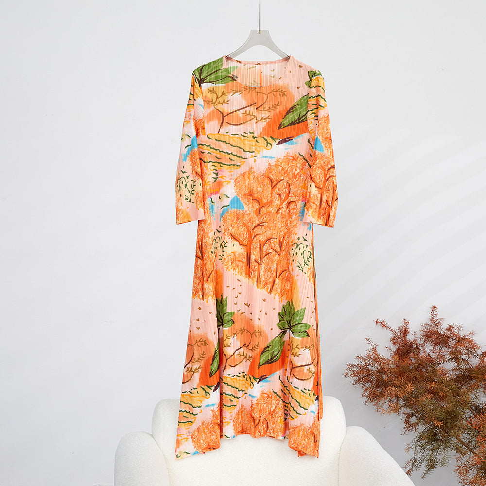 Pleated Belt Dress For Women Fashion Printed Round Neck Long Sleeves A-line Dresses Female Clothing