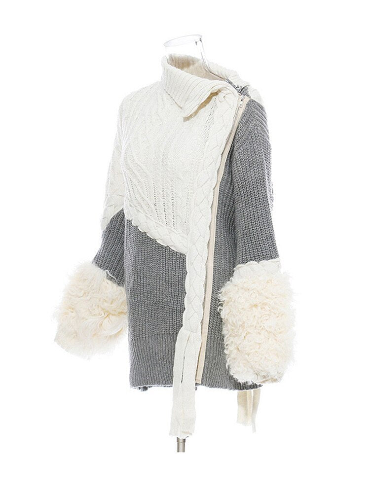 Asymmetrical Split Fur Big Size Knitting Sweater Loose Fit  Long Sleeve Women New Fashion Trend Spring Autumn