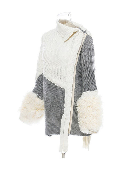 Asymmetrical Split Fur Big Size Knitting Sweater Loose Fit  Long Sleeve Women New Fashion Trend Spring Autumn