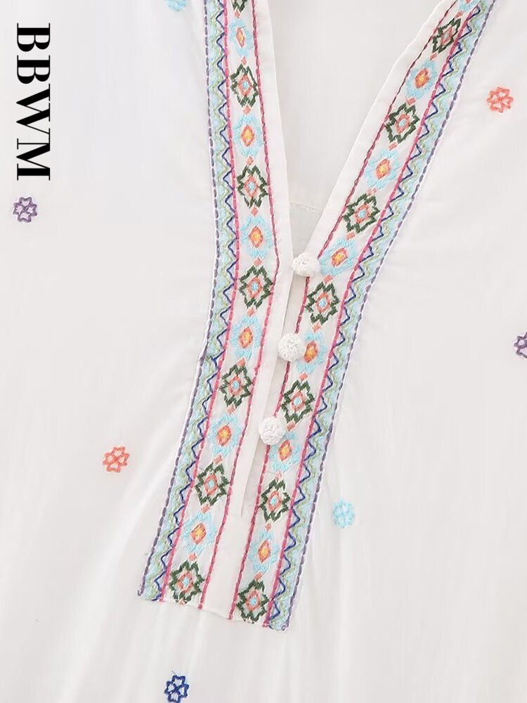 Colour Matching Embroidery Dresses O Neck Vintage Long Dress Woman Loose Casual Dress 2023 Street Chic Female Summer Dress