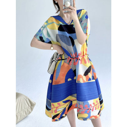 Pleated Summer Comfortable Retro Print Loose V-neck Dress Women's Fashion Temperament Drawstring Waist Skirt