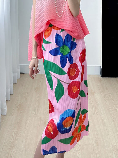 Miyake High-end Print Pink Half-body Skirt  Summer New Slim and Versatile Pleated Open A Word Women's Skirt
