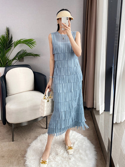 Spliced Tassel O Neck Dress Women Straight Sleeveless Medium Long Spring Summer  New Solid Color Elegant Lady