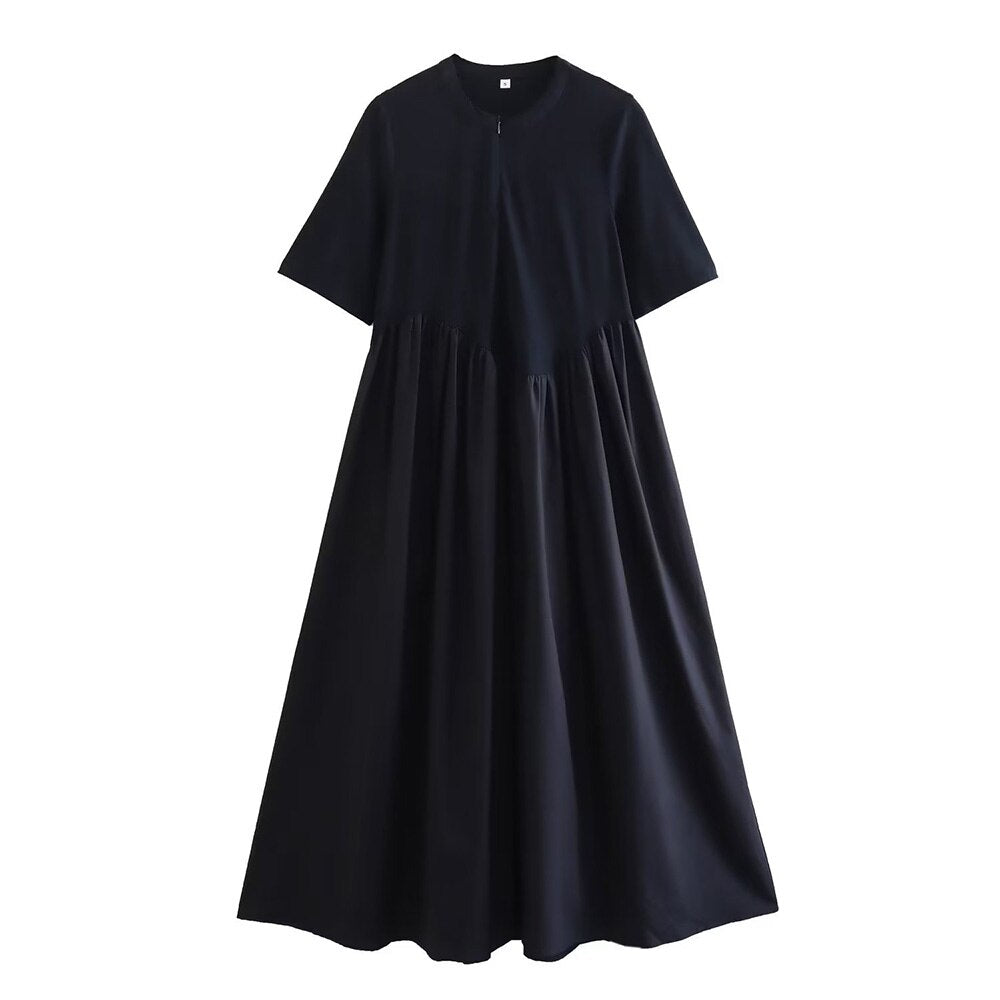 PB&ZA summer new women's fashion round neck simple style cotton knit poplin patchwork zip loose dress