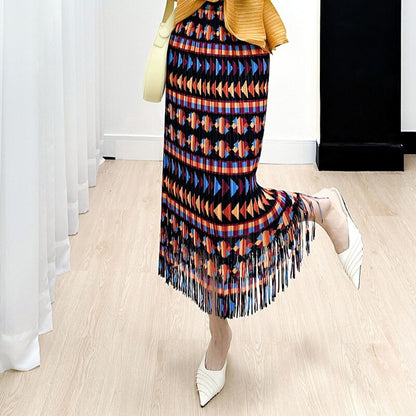 Vintage Printing Tassel Pleated Skirts For Women High Waist With Elastic Midi Skirt Tide Fashion Summer