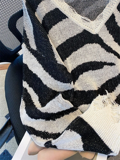 Ripped Striped Oversized V Neck Jumper Sweater Women's Spring Thin Light Fashion Zebra Pattern Crop Long Sleeve Knit Pullovers