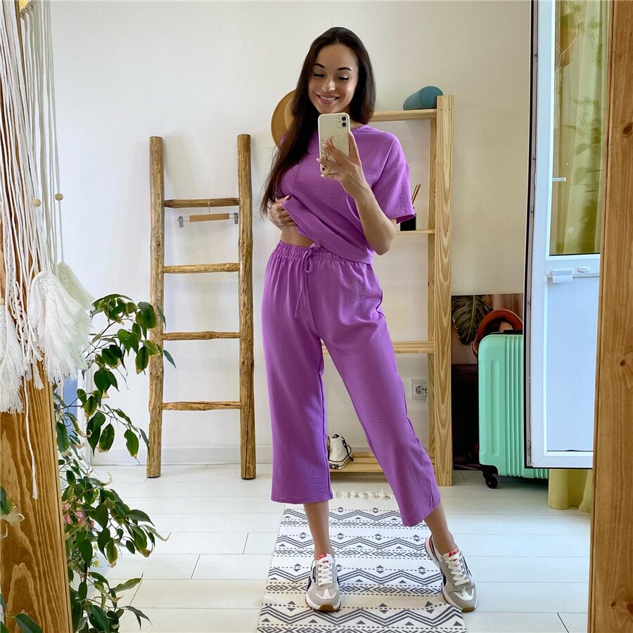 Sexy Fashion Khaki Women's Set Summer Casual Two Piece Set Short Sleeve Tops Shirt And Loose Beach Pants Set Bottom Suit Outfits