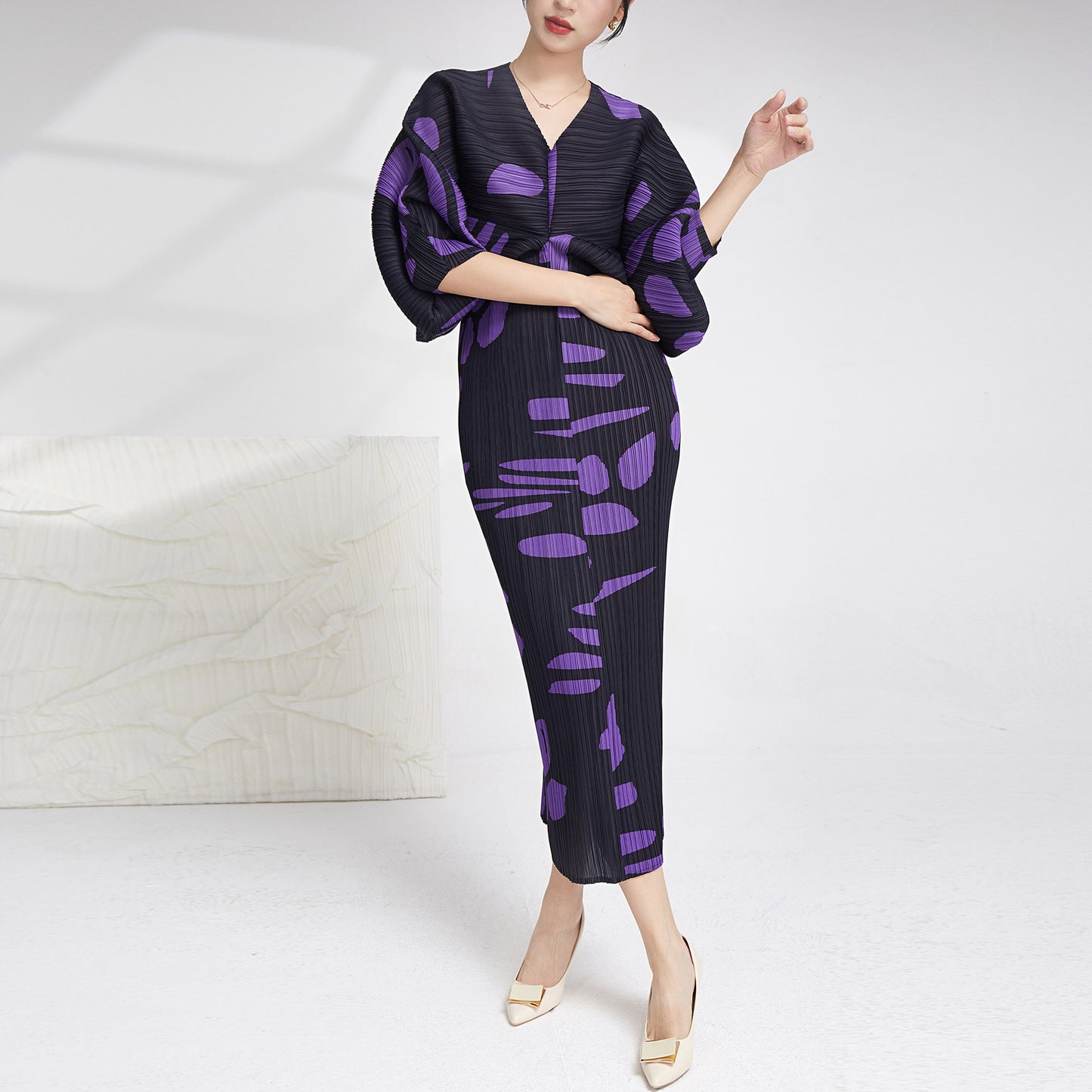 Pleated Dress For Women V Neck Batwing Sleeves Printing Maxi Dresses Female Luxury Evening Clothing