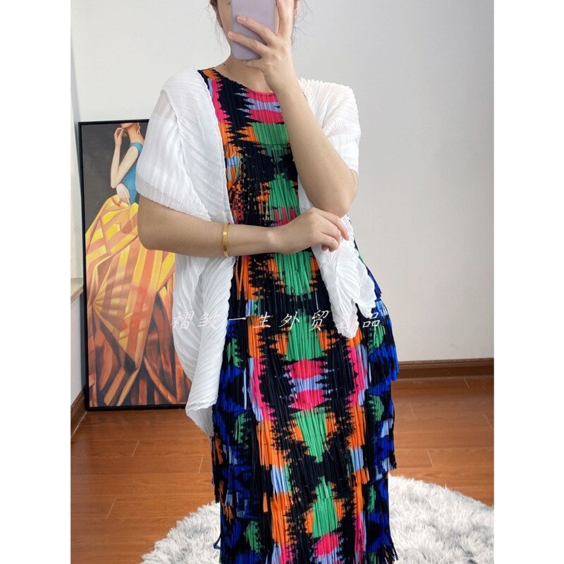 Pleated Woman Sleeveless Dress Hit Color Print Tassel Slim Halter Long Length Beach Style Dresses 2023 New Summer 15HT205