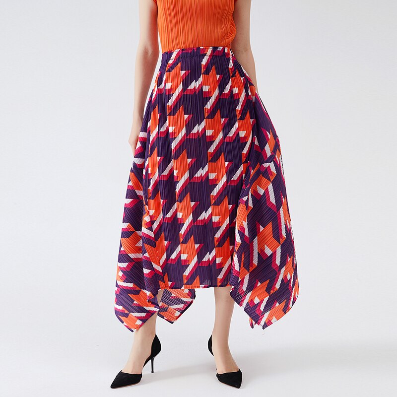 Miyake Pleated Skirts 2022 Spring Autumn Houndstooth A-line Skirt High Waist Fashion Pleated Loose Women Clothing