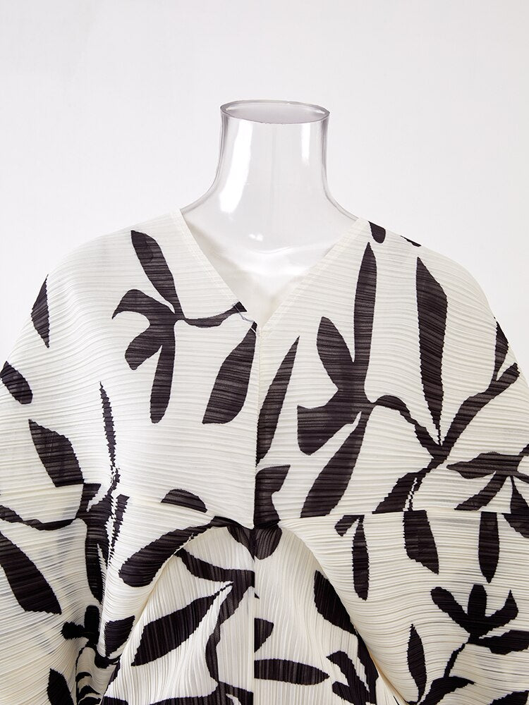 Printed Pleated Dress For Women V-neck Long Batwing Sleeves Contrast Color Dresses Female Clothing