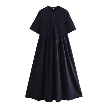 PB&ZA summer new women's fashion round neck simple style cotton knit poplin patchwork zip loose dress