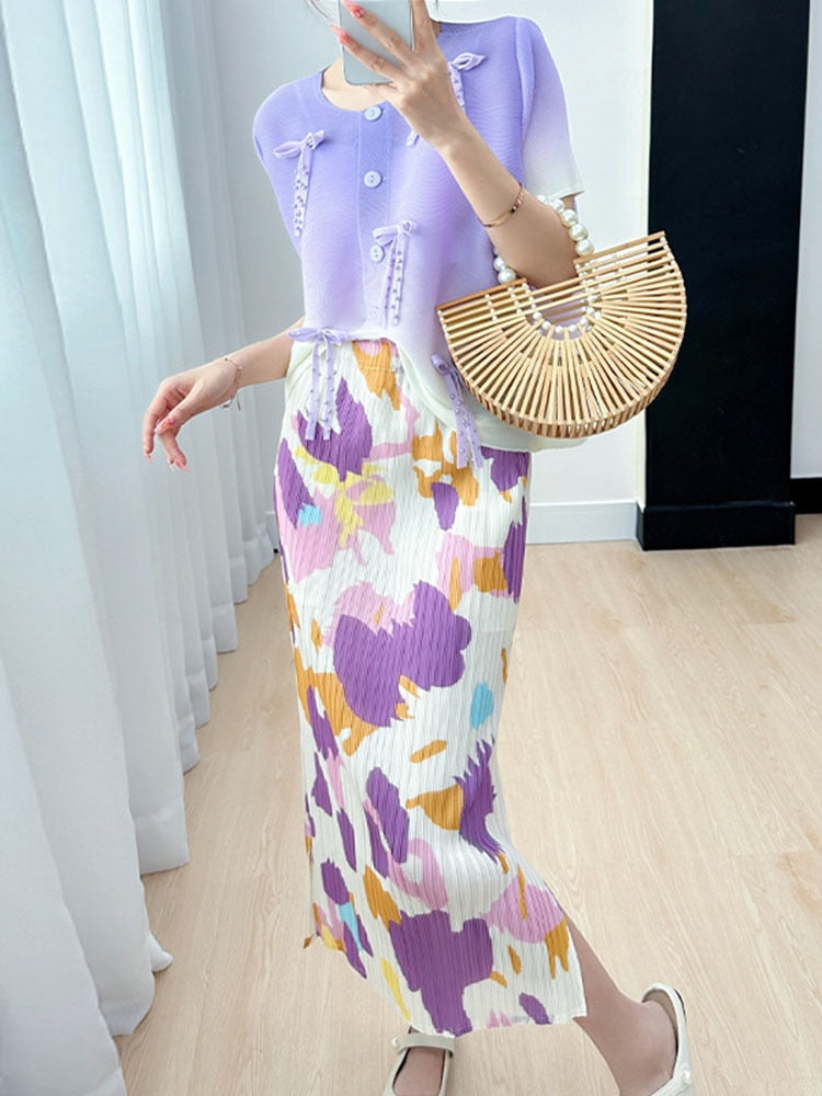 Printing Pleated Skirts For Women Korean Fashion High Waist With Elastic Slit Elegant Midi Skirt
