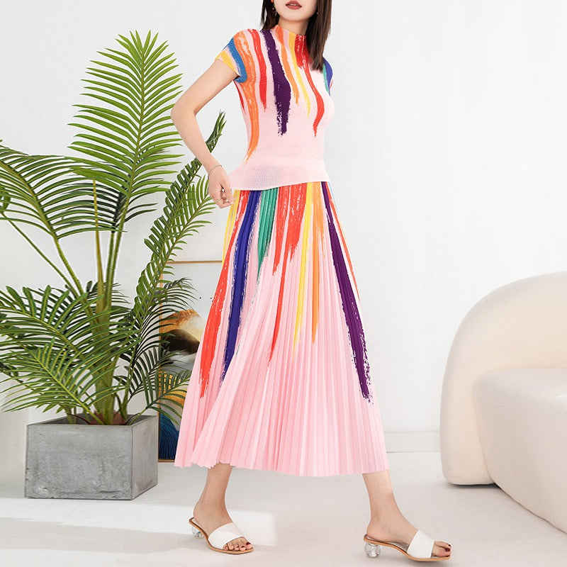Contrast Color Pleated 2 Pieces Set Women's Turtleneck Short Sleeves Tops High Waist Fold Skirts Casual Clothes