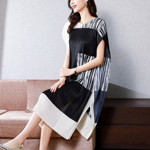 Print Loose Knee Length Dress Women Summer Round Neck Elegant Casual Split Dresses for Female New Clothes
