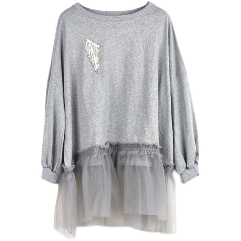 Splice Mesh Pleated Sweatshirt Diamond Set Women's Sweater Coat New Fashion Pullover
