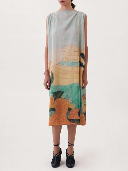 Casual Printing Dresses for Women Slash Neck Sleeveless Loose Waist Patchwork Lace Up Backless Oversize Dress Female