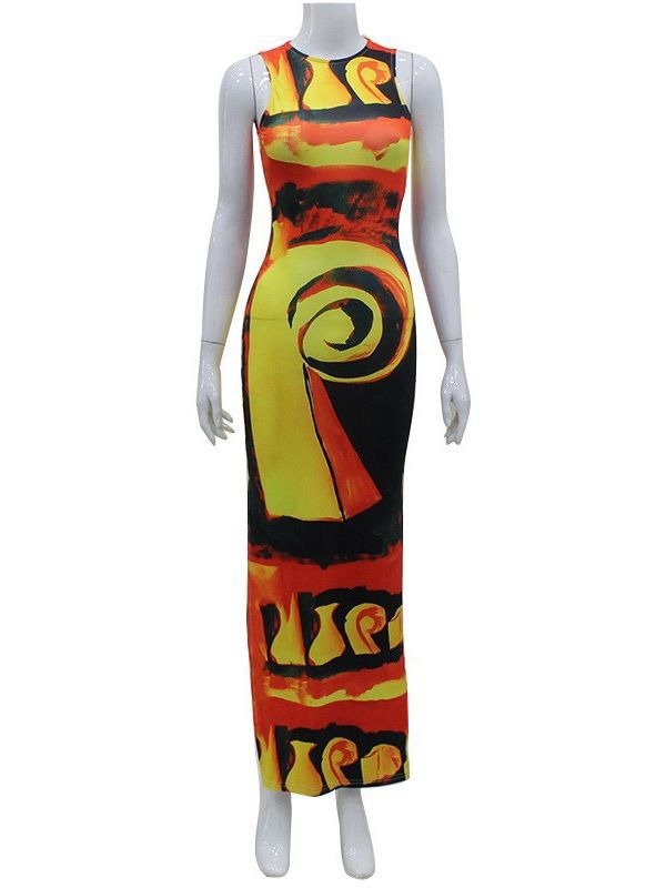 European and American INS Women's New Sexy Fashion Print Split Long Skirt Tight Retro Travel Style Dress