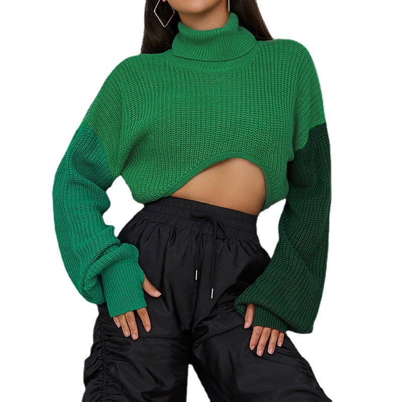 Autumn New Style Women's Fashion Color Contrast Splicing Long Sleeve Street Shot Knitting High Collar Loose Casual Sweater