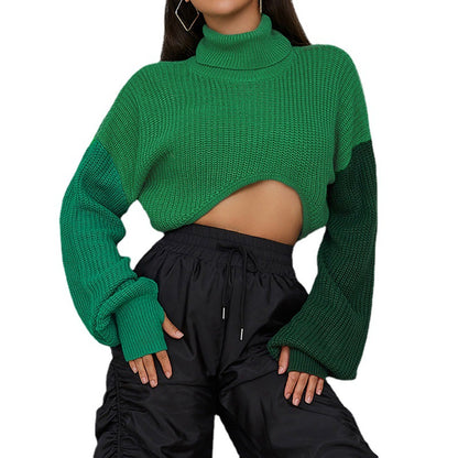 Autumn New Style Women's Fashion Color Contrast Splicing Long Sleeve Street Shot Knitting High Collar Loose Casual Sweater