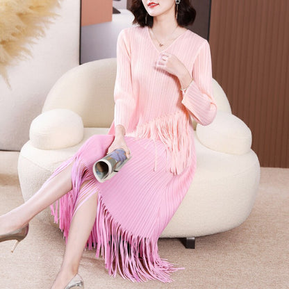 Pleated Dress For Women Gradient Color Round Collar Tassel Long Sleeve Loose  Summer Female Elegant