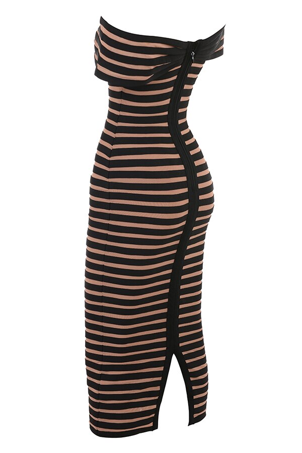 JUNE LIPS  New  Women Off Shoulder Party Dress  Black Stripe Midi Bandage Dress Sexy  Birthday Evening Dress Outfits