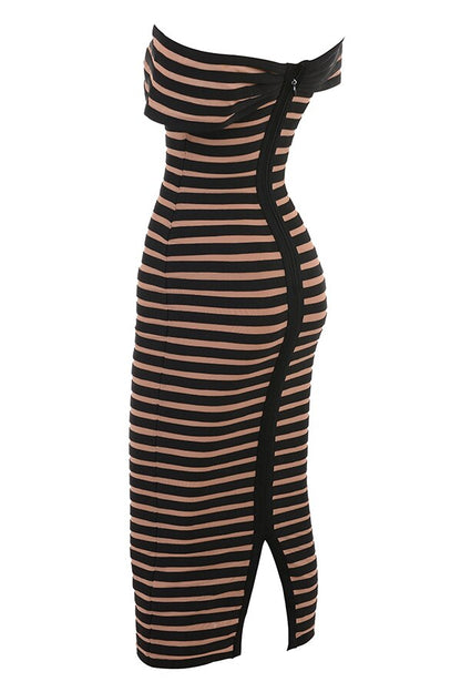 JUNE LIPS  New  Women Off Shoulder Party Dress  Black Stripe Midi Bandage Dress Sexy  Birthday Evening Dress Outfits