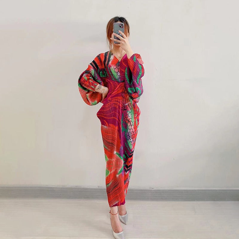 Sanzhai Pleated Summer New Bat Sleeves Loose Cover Meat Reduce Age Large Medium Length Bottom Dress