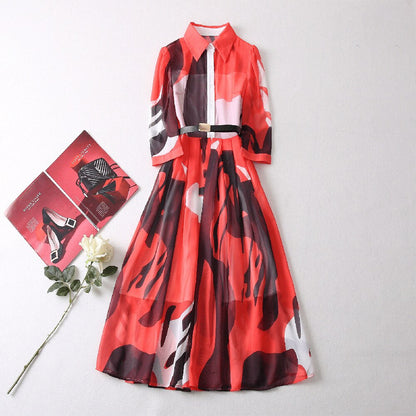 DesireFair Trendy Spring And Summer Mid-Length Women Commuter Style Single-Row Multi-Button Belt Mid-Waist Lapel Print Dresses
