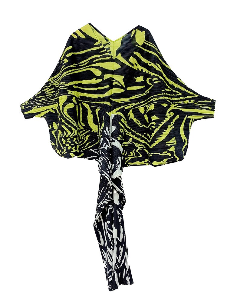 Elegant Printed Pleated Dress V Neck Batwing Sleeve Party Dresses For Women Spring Fashion Clothing