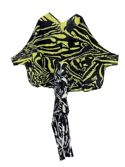 Elegant Printed Pleated Dress V Neck Batwing Sleeve Party Dresses For Women Spring Fashion Clothing