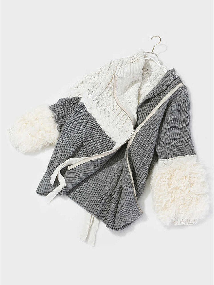 Asymmetrical Split Fur Big Size Knitting Sweater Loose Fit  Long Sleeve Women New Fashion Trend Spring Autumn