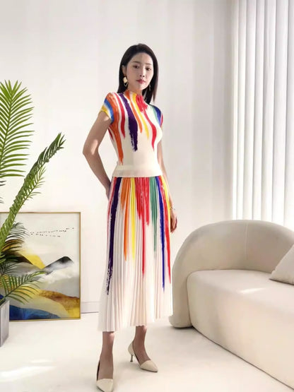 Contrast Color Pleated 2 Pieces Set Women's Turtleneck Short Sleeves Tops High Waist Fold Skirts Casual Clothes