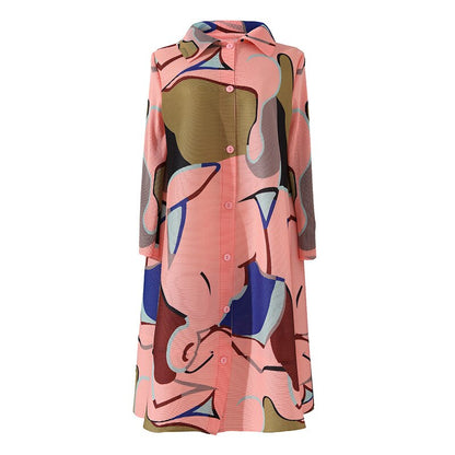 Miyake Pleated Printed Midi Dress for Women 2023 Spring Autumn New Polo Collar Single-Breasted Loose Plus Size Mid-Length Dress