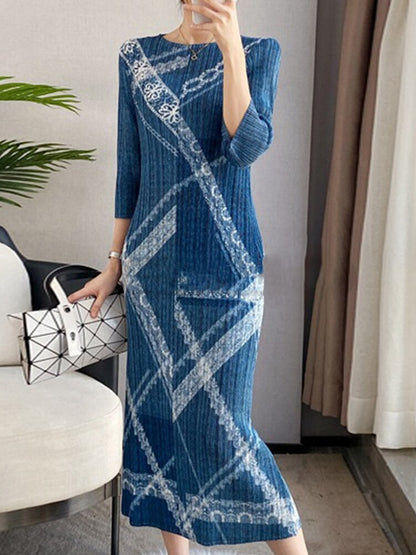Fashion Mid-length Pleated Dress women Print Round Collar Three Quarter Sleeve Loose Female Clothes