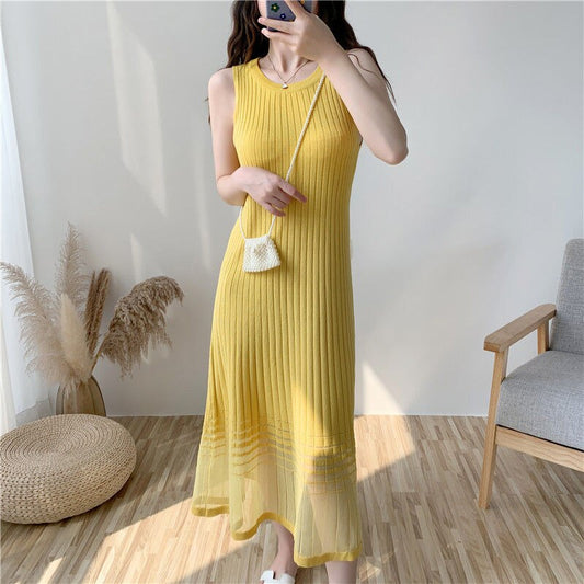 Knitted Sleeveless Long Dress Summer Dress Women's Soft Casual Stretch A Line Mesh Patchwork Striped Hem Dresses