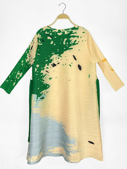 DEAT Fashion Pleated Dress Women Loose O Neck Full Sleeves Lace Block Color Printing Spring New Medium Long Elegant 15G1447
