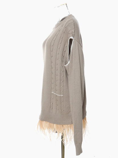 Fashion Women's Sweater Round Neck Loose Hollow Out Ostrich Feather Patchwork Hem Knitted Pullovers Autumn