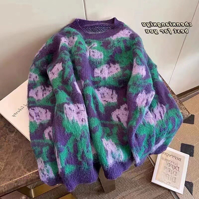 Pinkoz Women's Rhombus Oversized Pullover Autumn New Slim Long Sleeves Elegant O-neck Top Vintage Knitted Sweater Tops