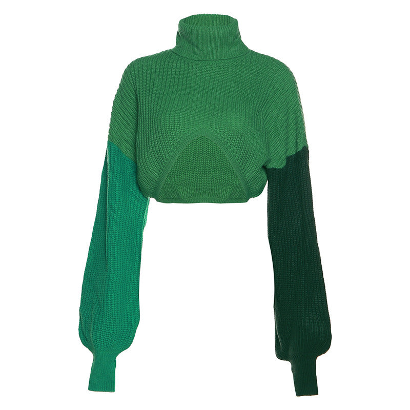Autumn New Style Women's Fashion Color Contrast Splicing Long Sleeve Street Shot Knitting High Collar Loose Casual Sweater