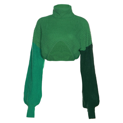 Autumn New Style Women's Fashion Color Contrast Splicing Long Sleeve Street Shot Knitting High Collar Loose Casual Sweater