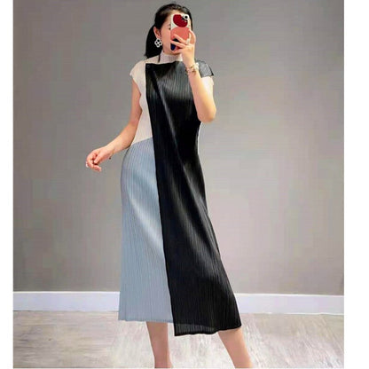 Pleated A-line Dress One Button Long Dress Sleeveless Vintage Causal Dress Bobo Dress Designer Clothing