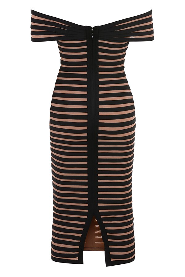 JUNE LIPS  New  Women Off Shoulder Party Dress  Black Stripe Midi Bandage Dress Sexy  Birthday Evening Dress Outfits
